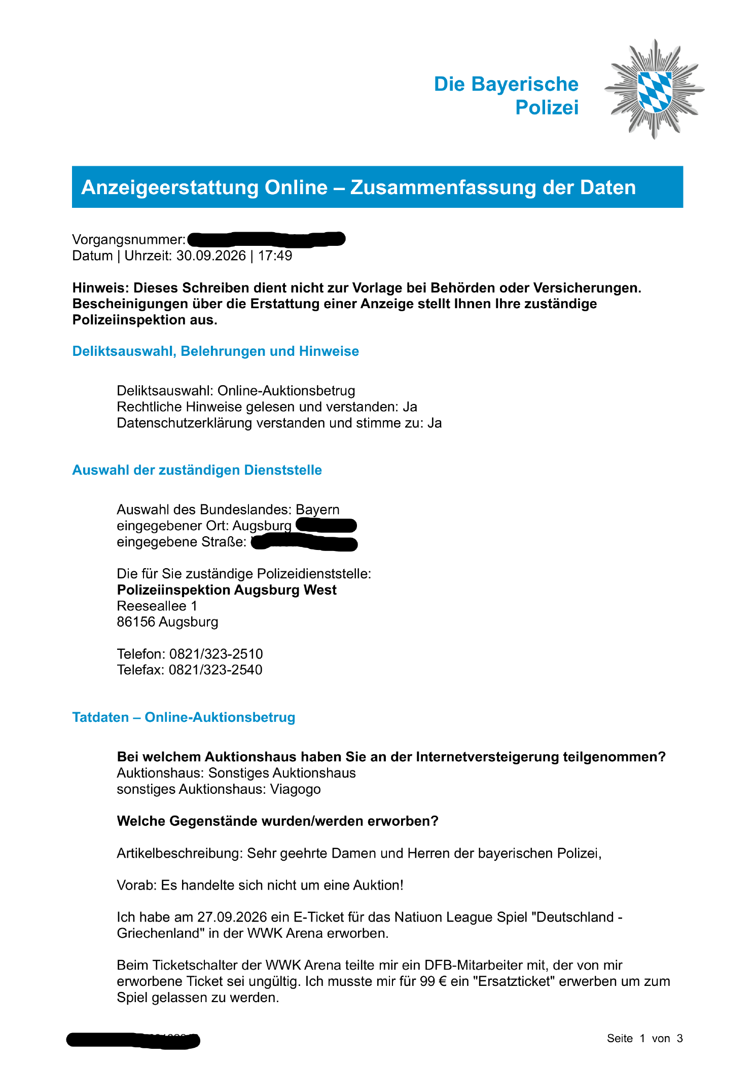 Strafanzeige gegen den unbekannten Ticketverkäufer – Seite 1