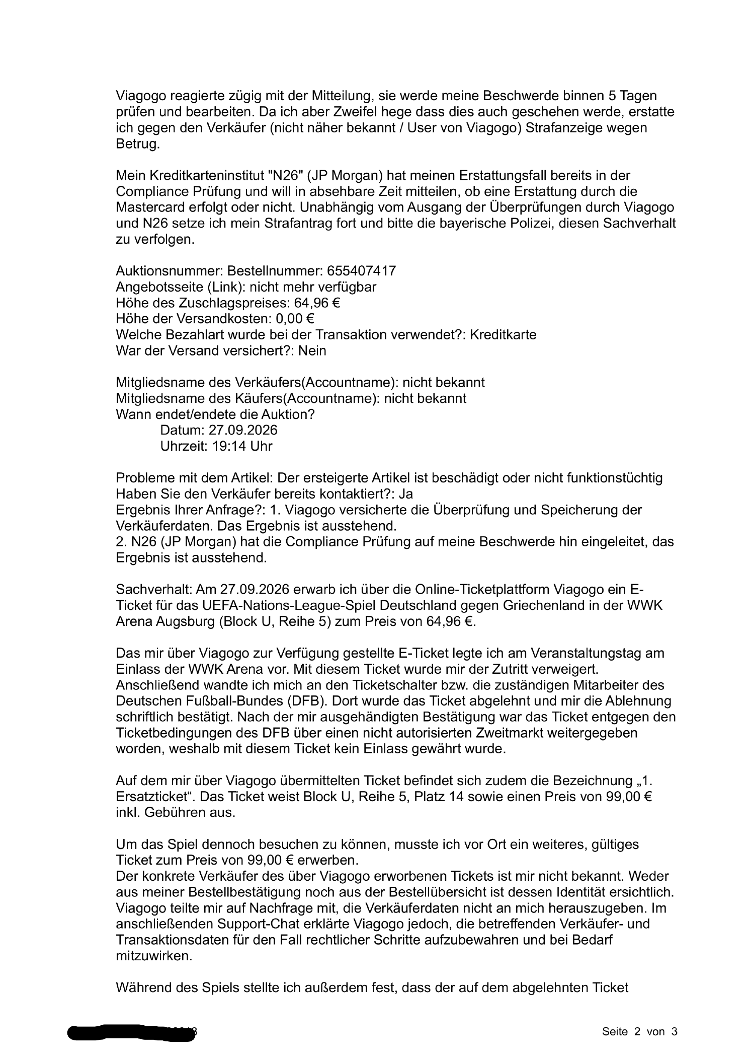 Strafanzeige gegen den unbekannten Ticketverkäufer – Seite 2